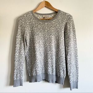 LOFT Gray & White Leopard Print Crewneck Sweater Petite